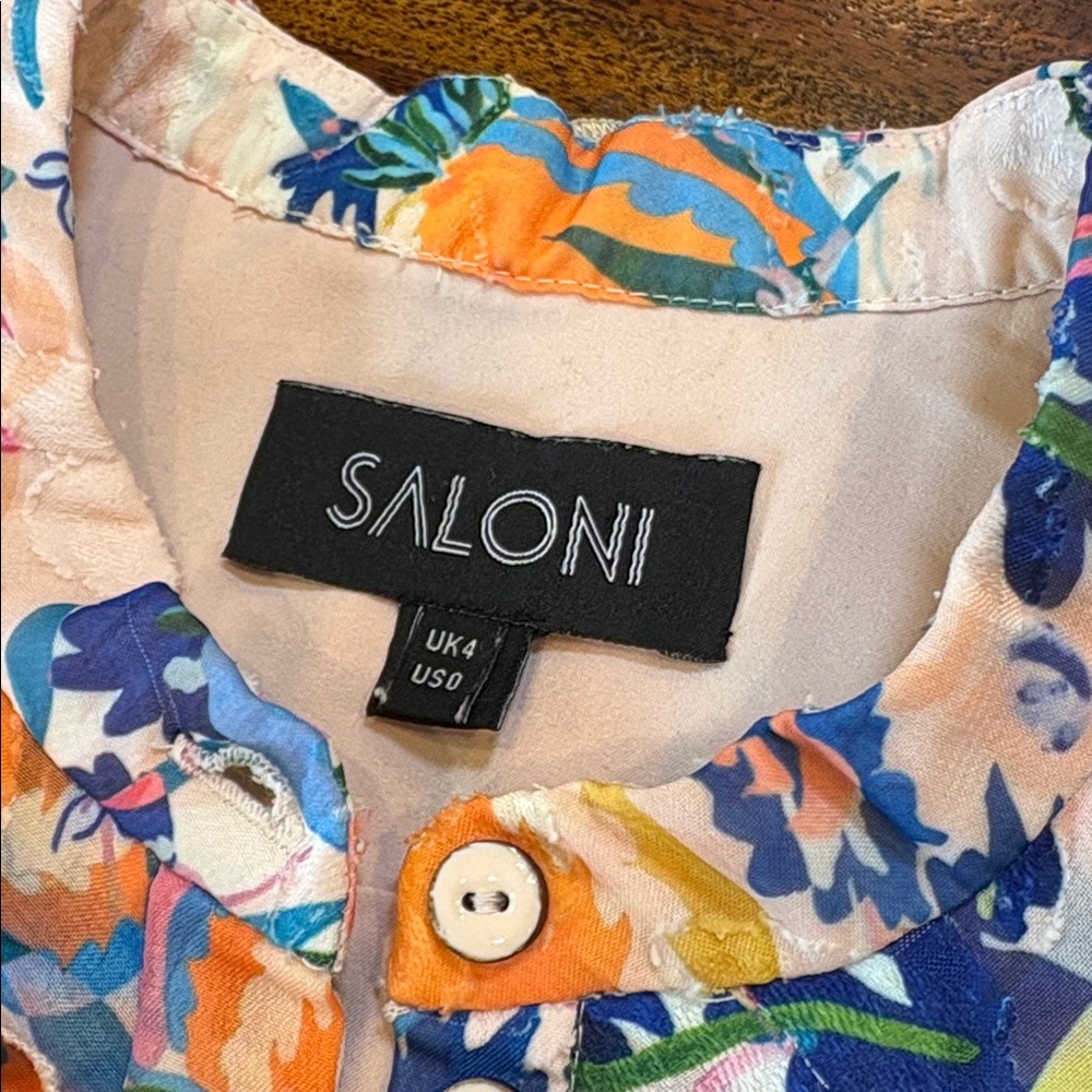 SALONI Floral Ruffle Button Down Tie Mini Dress size 0 - Picture 7 of 11